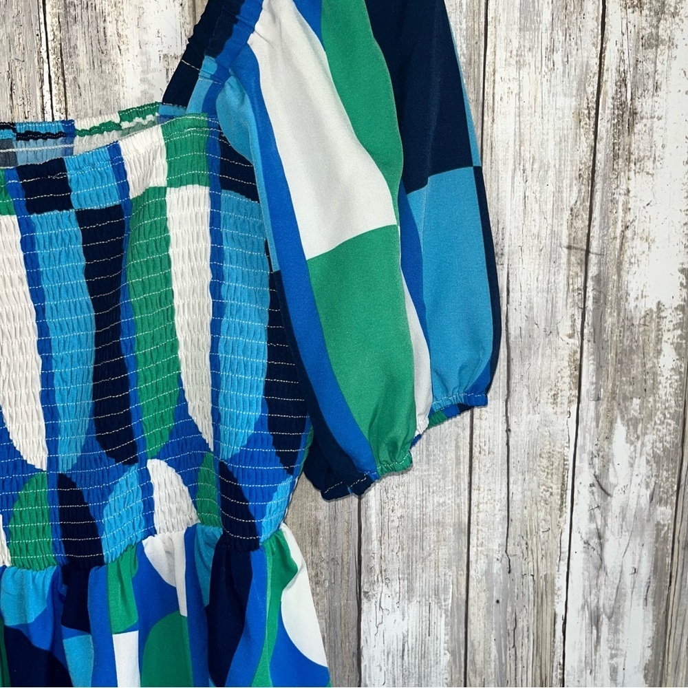 Jodifl Puff Sleeve Smocked Navy Blue Green White Women’s Medium - Picture 2 of 5